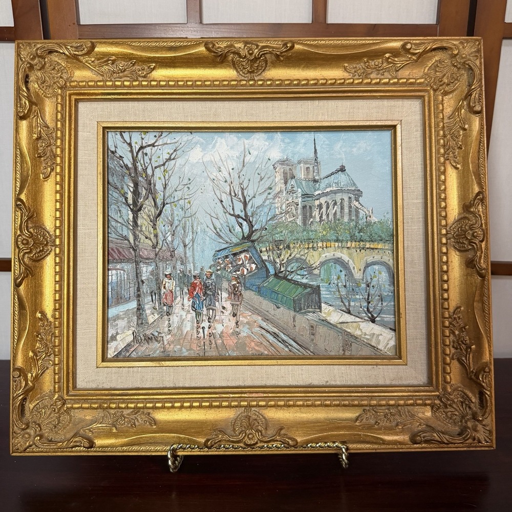 VTG Paris Notre-Dame Seine River Scene Oil Painting Signed Ornate Gold Frame 90s